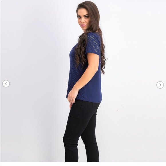 Market & Spruce Hans Crochet Front Mixed Material Top in Navy Blue - Picture 11 of 13